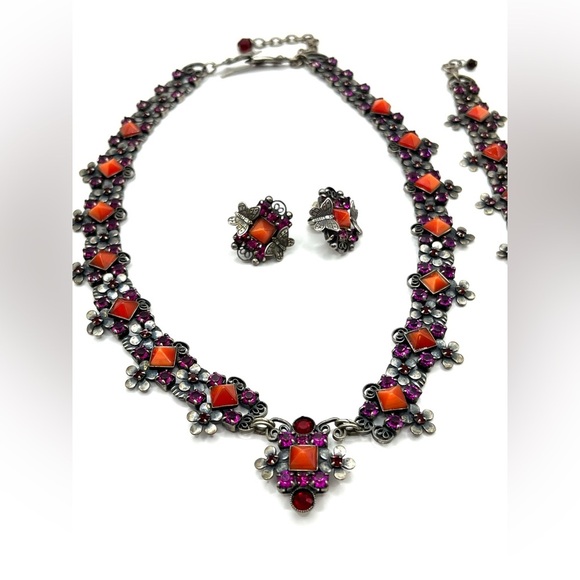 Mary DeMarco Necklace Bracelet Earrings Set Pink Silver Pewter Floral Butterfly - Picture 3 of 16